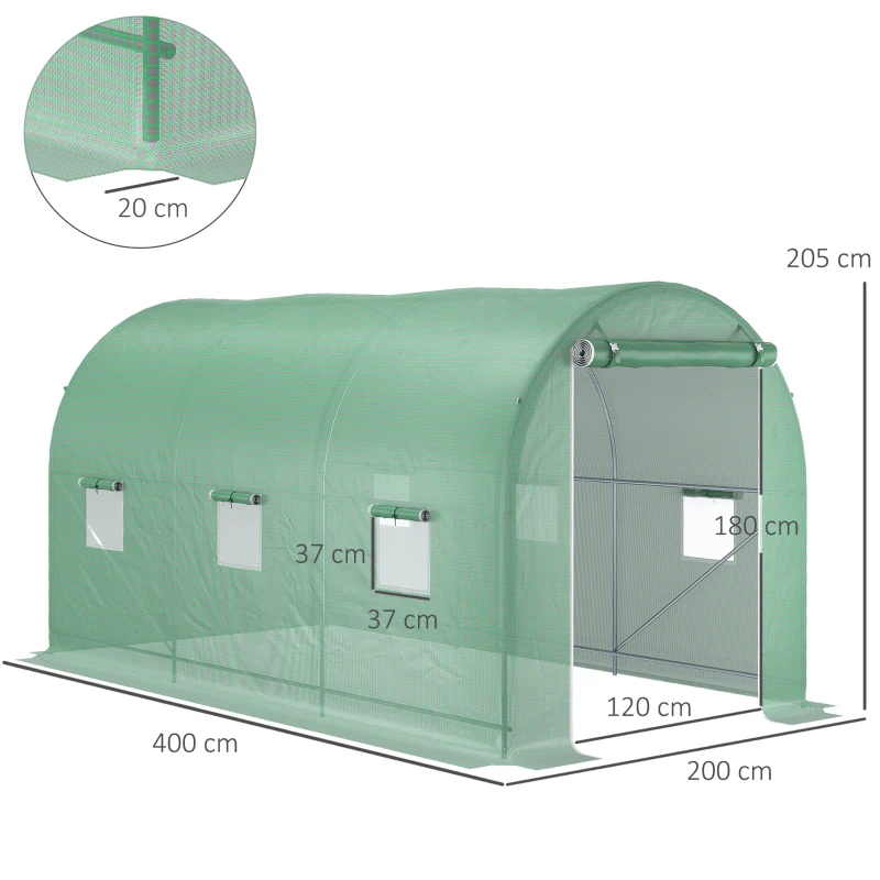 Outsunny Serre de Jardin Tunnel Surface Sol 8 m² 4L x 2l x 2,05H m châssis Tubulaire renforcé Porte zippée 6 fenêtres enroulables Vert