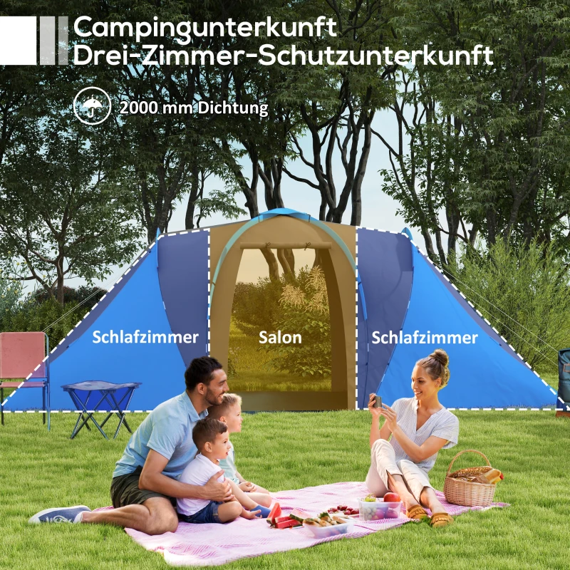 Outsunny Tunnelzelt, 2000mm Wasserabweisend Campingzelt für 4-6 Personen, mit 2 Schlafzimmern Wohnbereich Tragetasche Grau+Blau