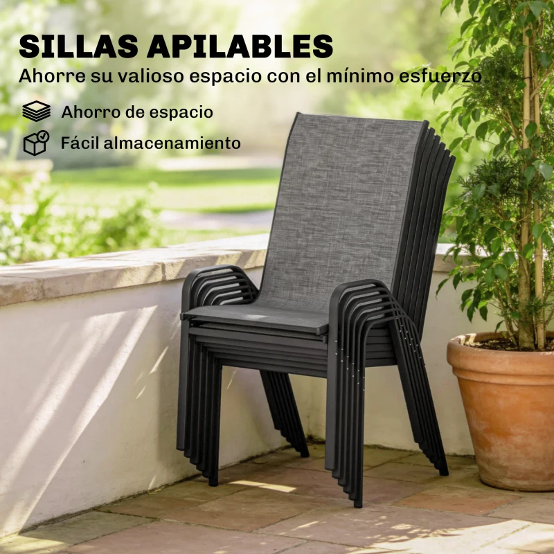 Outsunny Conjunto de Mesa y Sillas Jardín con Mesa Metálica con Agujero y 6 Sillas Apilables Transpirables para Terraza Gris