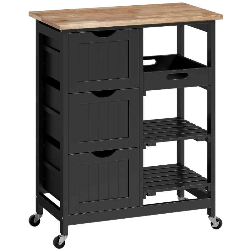 HOMCOM Chariot desserte de cuisine à roulettes plan de travail en bois 3 tiroirs et 1 plateau amovible 67 x 37 x 85,5 cm noir
