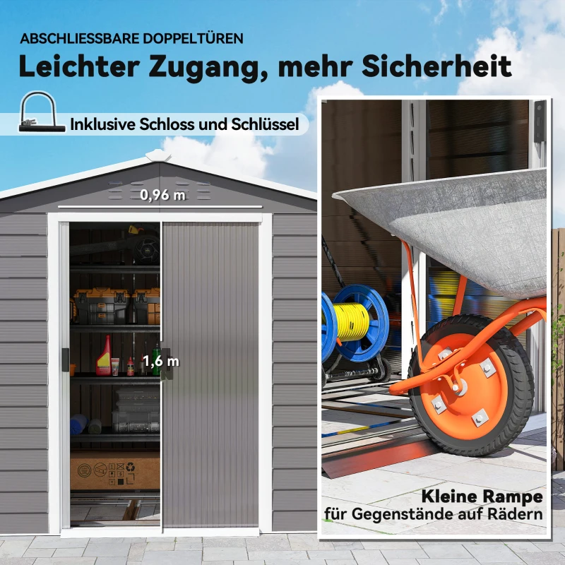 Outsunny Geräteschuppen aus Metall, wetterfest & rostfrei, abschließbar,  2,40 x 2,06 x 1,98 m, Hellgrau