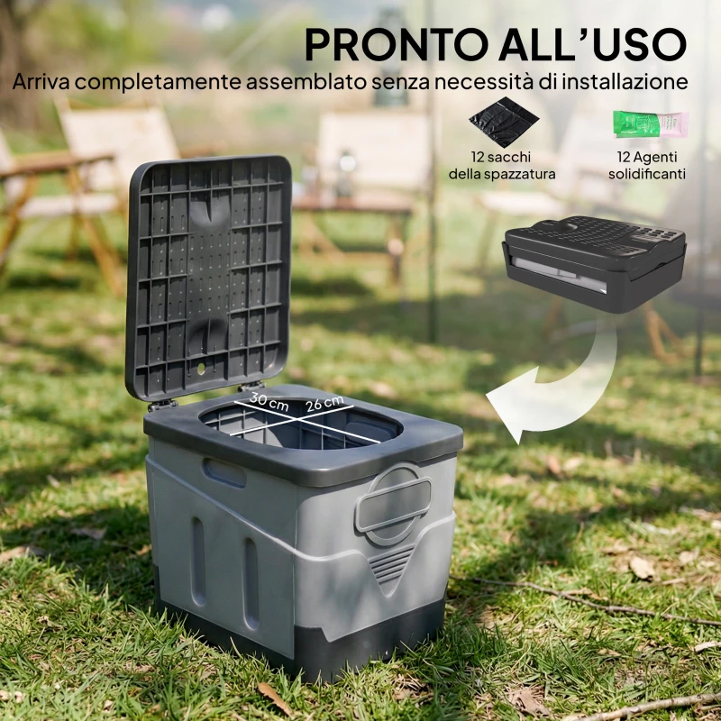 Outsunny WC Portatile da Campeggio con 12 Pacchetti Coagulanti e 12 Sacchetti di Smaltimento, 34x29x20 cm, Grigio Scuro