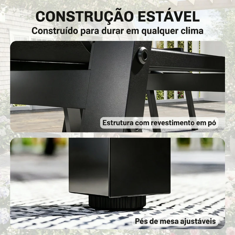 Outsunny Conjunto de Mesa e Cadeiras Jardim de 7 peças com Mesa com Tampo de Ripas Efeito Madeira 6 Cadeiras Preto