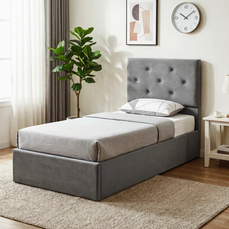 HOMCOM Single Bed Frame Gas End Lift Under Bed Storage Upholstered Platform Bed Tufted Headboard for 90 x 190 cm Mattress