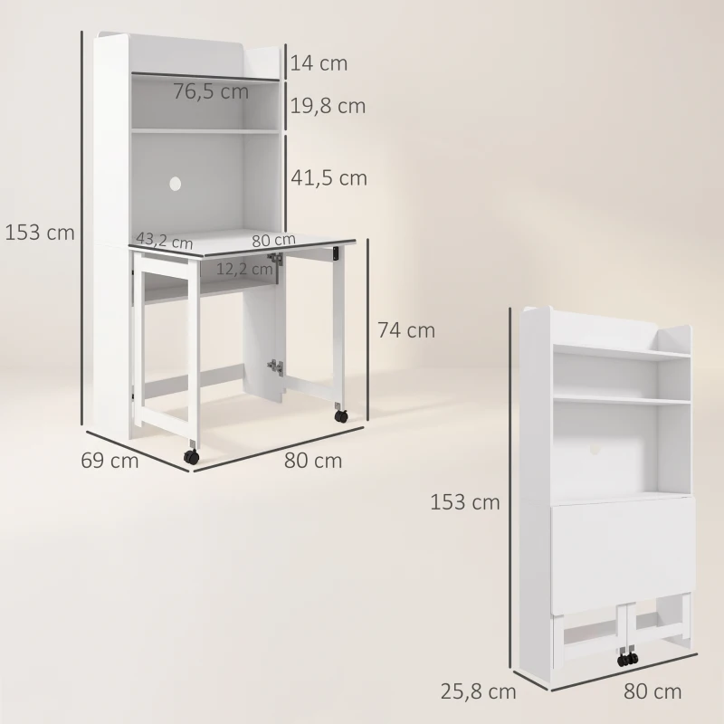 HOMCOM Bureau informatique avec étagères de rangement plateau rabattable 2 roulettes pour chambre salon 80 x 69 x 155 cm blanc