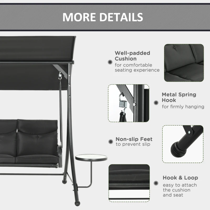 Outsunny Hollywoodschommel, 3-Zits Tuinschommel met Verstelbaar Zonnedak, 278 x 125 x 177 cm, Zwart