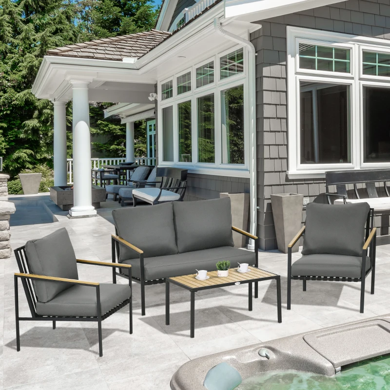Outsunny Ensemble salon de jardin 4 pièces 4 personnes avec canapé 2 places fauteuils et table basse 8 coussins noir gris foncé