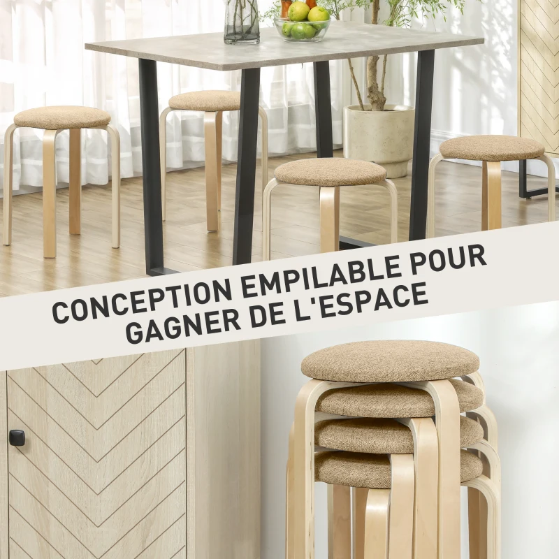 HOMCOM Ensemble de 4 Tabourets Empilables Modernes, Tabourets Ronds sans Dossier avec Assise Rembourrée, 40 x 40 x 45 cm, Kaki