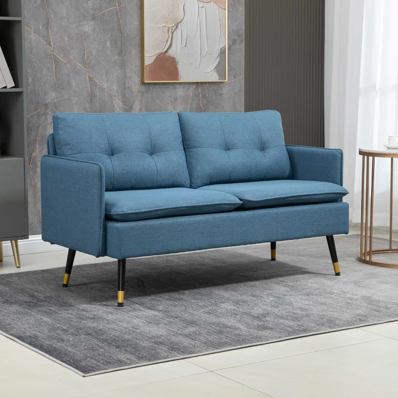 HOMCOM Divano 2 Posti in Tessuto con Cuscini Imbottiti e Gambe in Acciaio 139x68x80cm, Blu Scuro