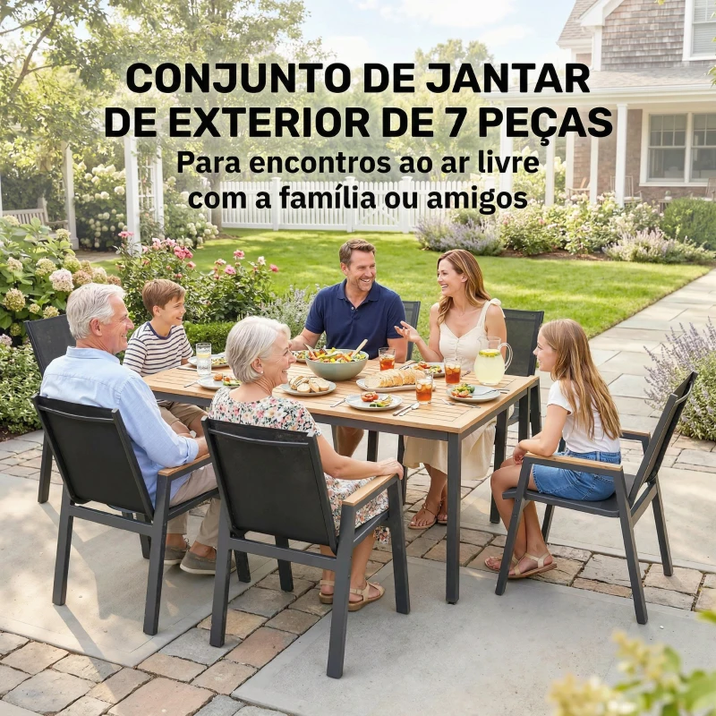 Outsunny Conjunto de Mesa e Cadeiras Jardim de 7 peças com Mesa com Tampo de Ripas Efeito Madeira 6 Cadeiras Preto