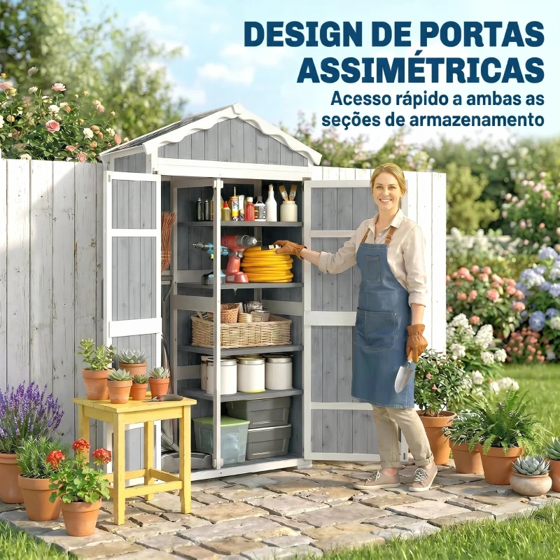 Outsunny Armário de Jardim de Madeira 105x55x179 cm Abrigo de Exterior com Portas 4 Prateleiras Extraíveis Teto Metal Galvanizado Cinza