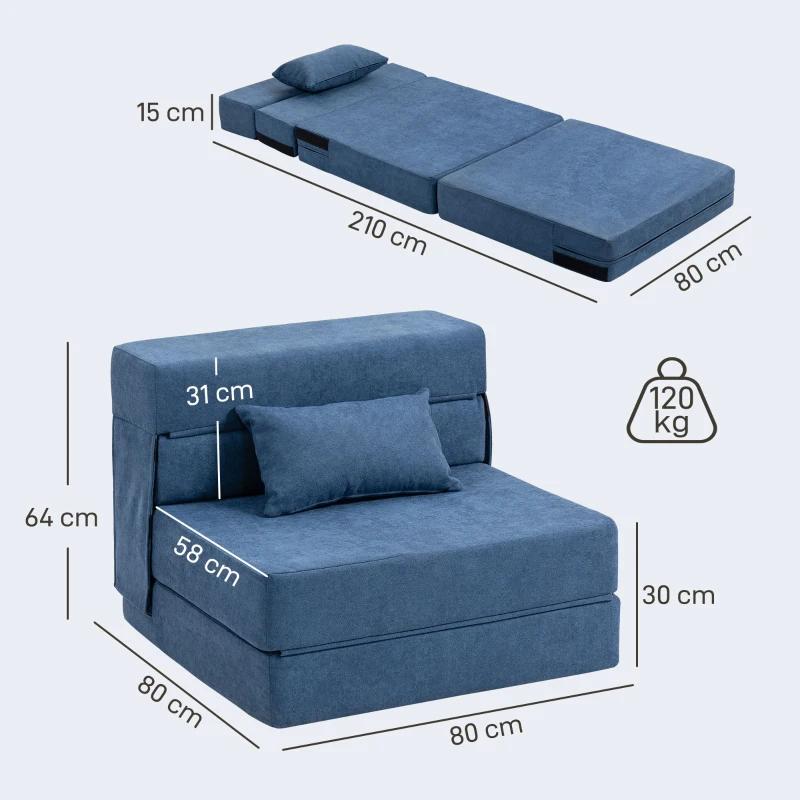 HOMCOM Fauteuil convertible 1 place fauteuil lit pliant, coussin inclus, pour invités, salon, petit espace, charge 120 kg, bleu
