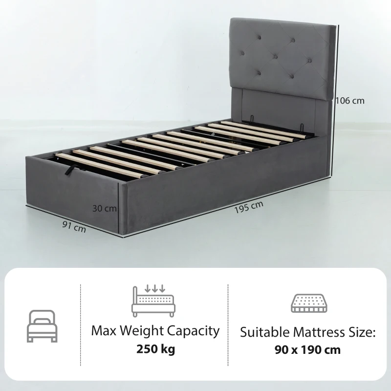 HOMCOM Single Bed Frame Gas End Lift Under Bed Storage Upholstered Platform Bed Tufted Headboard for 90 x 190 cm Mattress