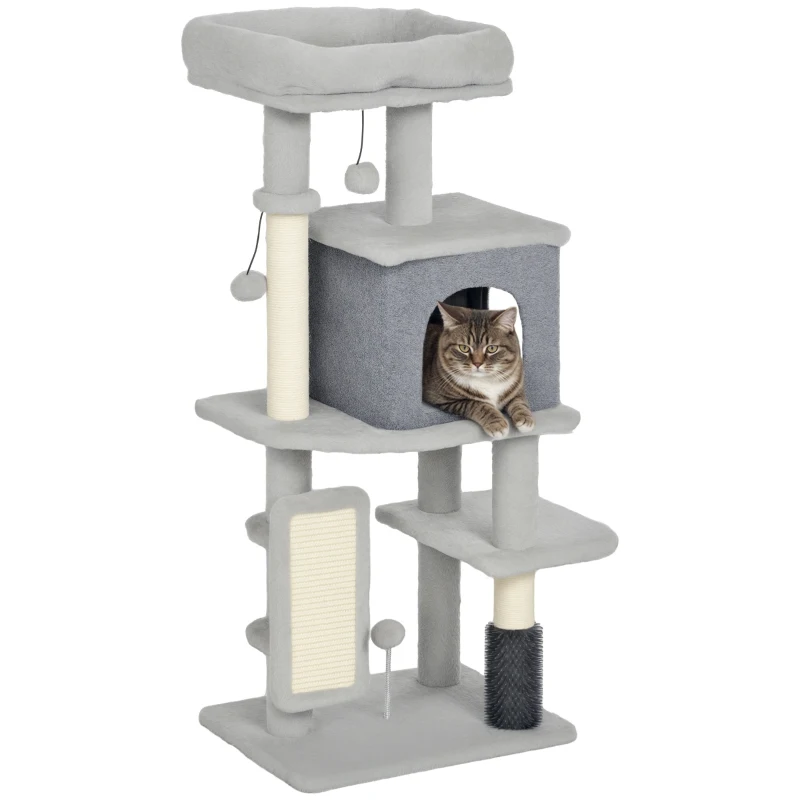 PawHut Albero per Gatti Multilivello Alto 104 cm con Casetta, Lettino, Pali Tiragraffi, Spazzola e Pallina, Grigio
