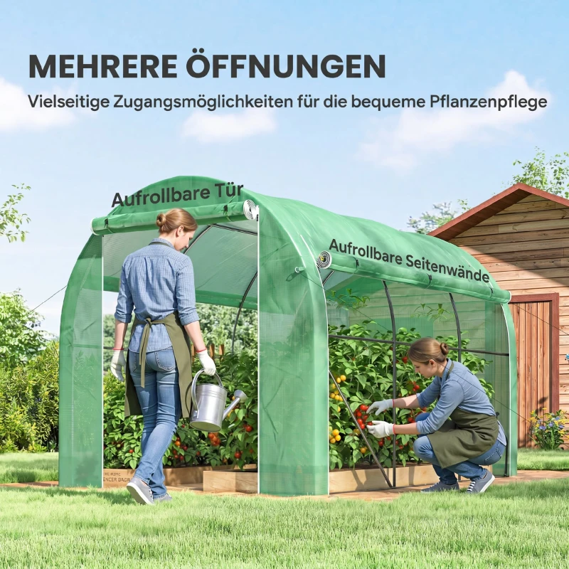 Outsunny Serre tunnel de jardin 6 m² 3 x 2 m avec 1 porte + 2 parois latérales zippées enroulables, 6 fenêtres, vert