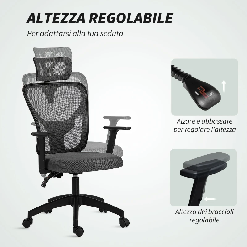 Vinsetto Sedia da Ufficio Ergonomica e Regolabile con Supporto Lombare e Poggiatesta, 66x61x106-116 cm, Grigio