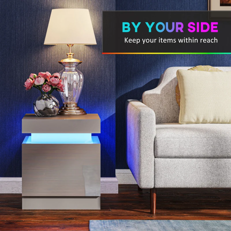 HOMCOM Grey Bedside Table with LED Light, High Gloss Front Nightstand with 2 Drawers, for Living Room, Bedroom