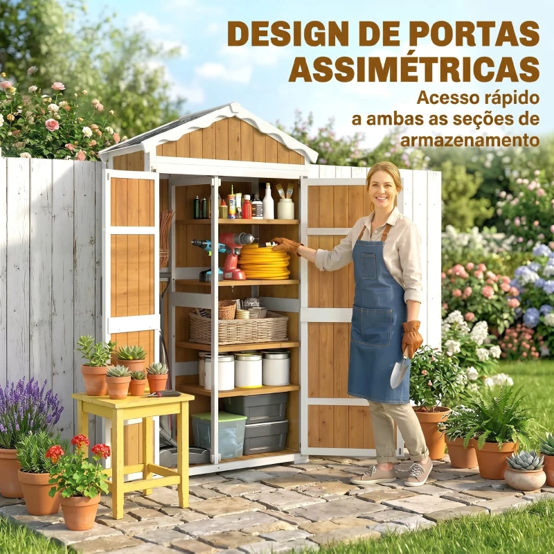 Outsunny Armário de Jardim de Madeira 105x55x179 cm Abrigo de Exterior com Portas 4 Prateleiras Extraíveis Teto Metal Galvanizado Madeira