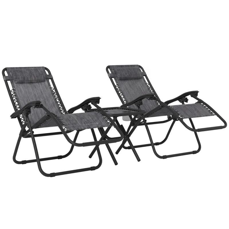 Outsunny 3pcs Folding Zero Gravity Chairs Sun Lounger Table Set w/ Cup Holders Reclining Garden Yard Pool, Light Grey