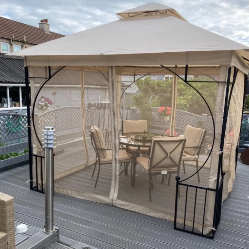 Outsunny 3 x 3(m) Garden Gazebo Patio Party Tent Shelter Outdoor Canopy Double Tier Sun Shade Metal Frame Netting, Beige
