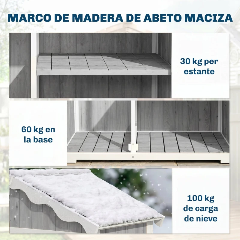 Outsunny Caseta de Jardín de Madera 105x55x179 cm Armario para Herramientas con 4 Estantes Techo de Metal Galvanizado Gris