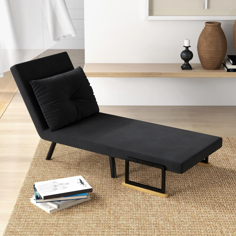 HOMCOM Fauteuil convertible 4 en 1 lit 1 place dossier 5 positions, accoudoirs en bois et coussin, tissu effet velours, noir