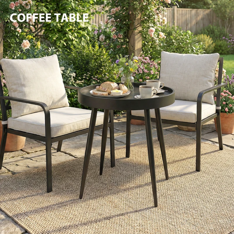 Outsunny 49.5 cm Round Garden Table, Small Outdoor Coffee Side Table with Plastic Tray-Style Top, Metal Legs, Black
