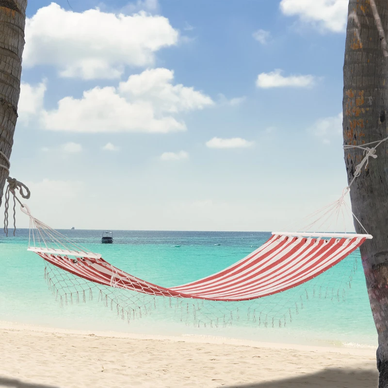 Outsunny Hamac de Voyage Portable Style Hippie Chic Toile de hamac dim. 2L x 1l m Coton Polyester Rouge crème rayé