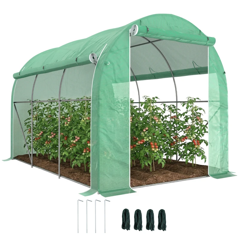 Outsunny Serre tunnel de jardin 6 m² 3 x 2 m avec 1 porte + 2 parois latérales zippées enroulables, 6 fenêtres, vert