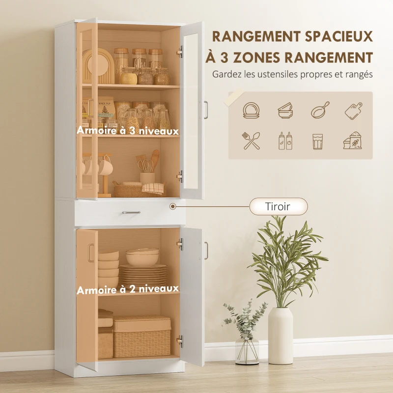 HOMCOM Buffet haut cuisine, armoire de cuisine, 4 portes dont 2 en verre, tiroirs, étagères réglables, 60x35x180cm, blanc
