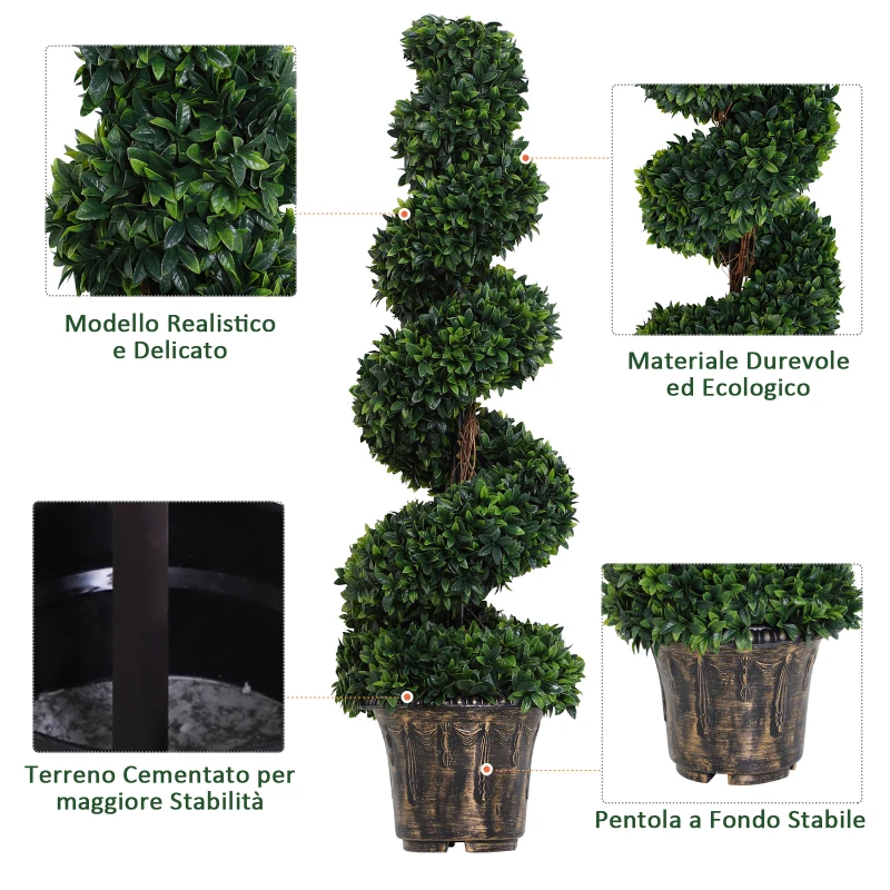Outsunny Set 2 Piante Artificiali di Bosso a Spirale per Interni ed Esterni con Vaso, Ø32x120 cm, Verde