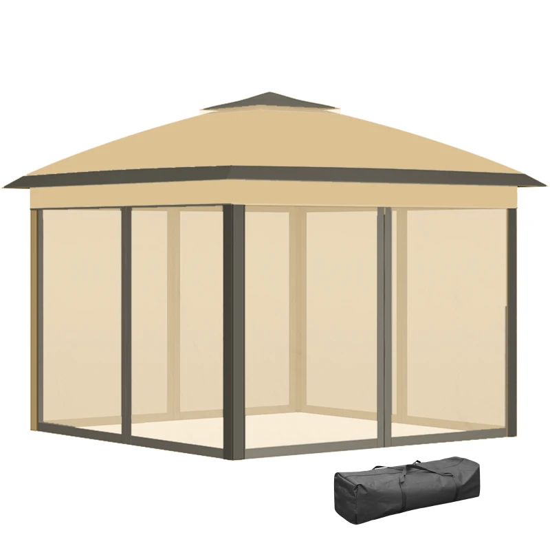 Outsunny 330cm x 330cm Pop Up Canopy - Double Roof Foldable Tent with Zipped Mesh Sidewalls, Adjustable Height, and Carrying Bag, Event Tent for Patio Garden, Beige