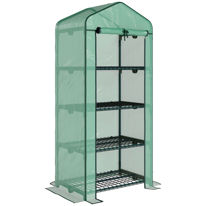 Outsunny 4 Tier Mini Greenhouse, Portable Compact Green House with Steel Frame, PE Cover, Roll-up Door, 70 x 50 x 160 cm, Green