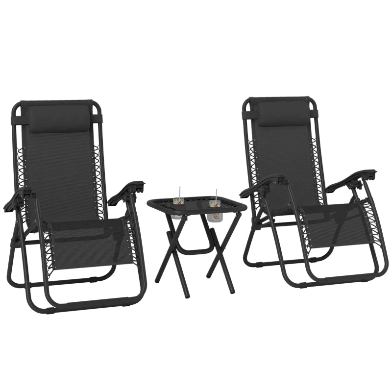 Outsunny 3pcs Folding Zero Gravity Chairs Sun Lounger Table Set w/ Cup Holders Reclining Garden Yard Pool, Black