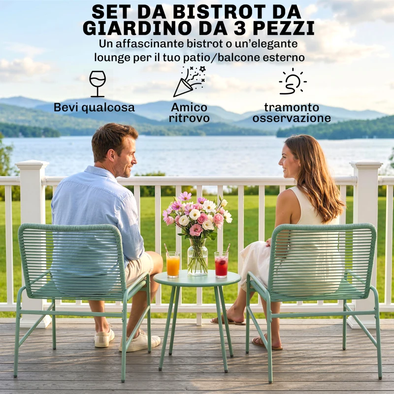 Outsunny Set Bistrò Rattan 3 Pezzi: 2 Sedie, Tavolo Rotondo Giardino, Verde.