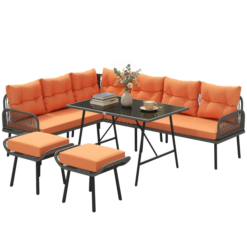 Outsunny 6 Piece Rattan Garden Furniture Set, 8 Seater Garden Corner Sofa with Cushions and Glass Top Table, Orange