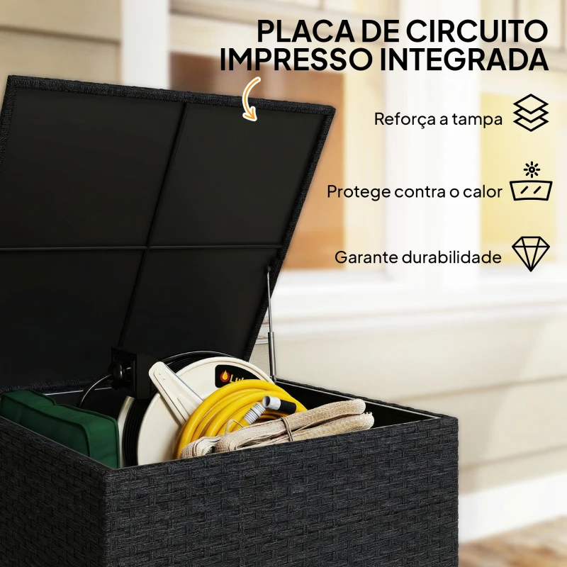 Outsunny Baú de Armazenamento Exterior de Ratã de 253L com Vara Hidráulica Forro com Fecho e Estrutura de Aço Preto