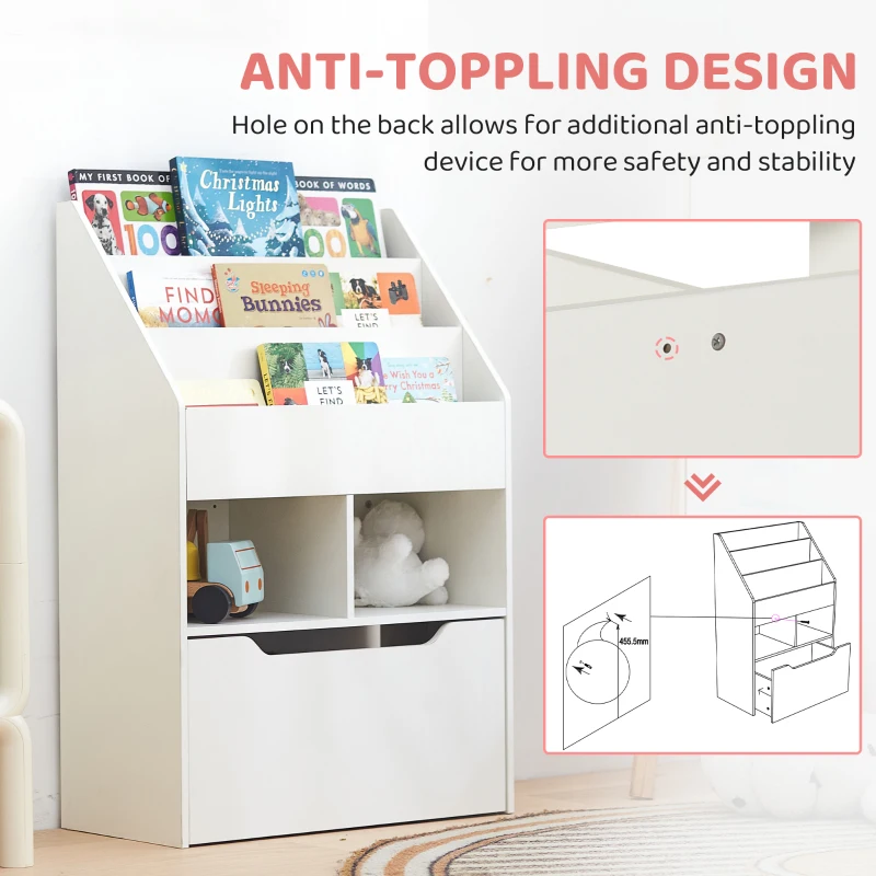 HOMCOM Kids Bookshelf, Toy Organiser, with Storage Drawer, Wheels - White