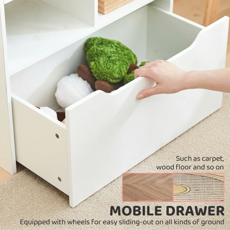 HOMCOM Kids Bookshelf, Toy Organiser, with Storage Drawer, Wheels - White