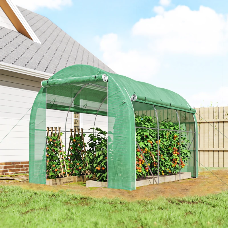 Outsunny Serre tunnel de jardin 6 m² 3 x 2 m avec 1 porte + 2 parois latérales zippées enroulables, 6 fenêtres, vert