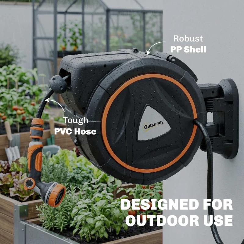 Outsunny Einziehbare Schlauchhaspel 23+2 m mit 12 Sprühmodi, automatische Verriegelung, kontrollierte Rückführung, schwenkbarer Halter, Orange