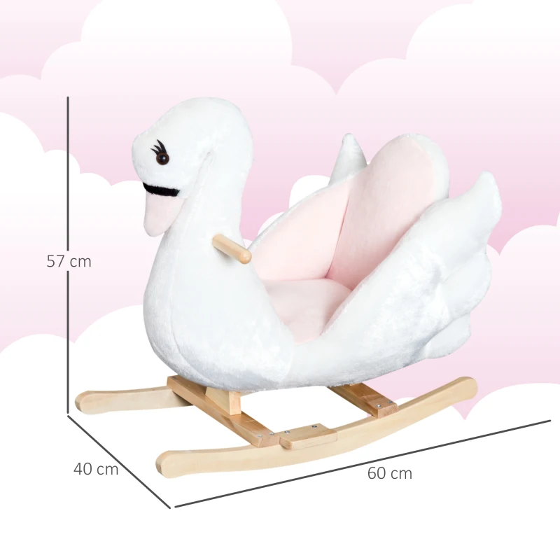 HOMCOM Cavallo a Dondolo a Forma di Cigno con Musica, Cavalluccio a Dondolo con Struttura in Metallo e Legno, Rivestimento Peluche, 60x40x57cm, Bianco