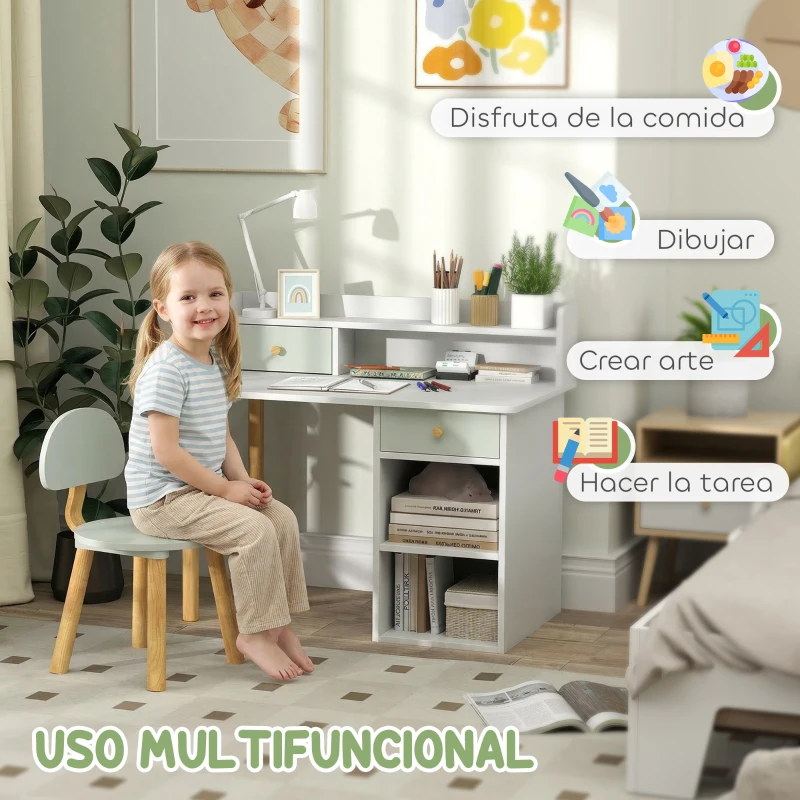 AIYAPLAY Juego de Escritorio Infantil con Silla Pupitre Infantil con Cajones Compartimento y Estantes Verde Claro y Blanco