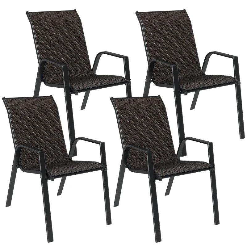Outsunny Lot de 4 chaises de jardin empilables, fauteuil d'extérieur avec accoudoirs et revêtement en résine tressée marron