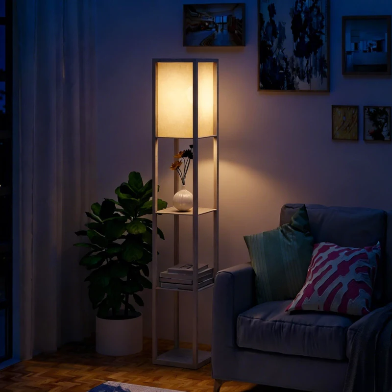 HOMCOM Lampada da Terra Piantana 40W con 3 Scaffale, Attacco E27, Lampada da Pavimento Moderno con Paralume in Acrilico, Soggiorno, Salotto, Camera da Letto, Studio, Ufficio, 26x26x160cm, Rovere