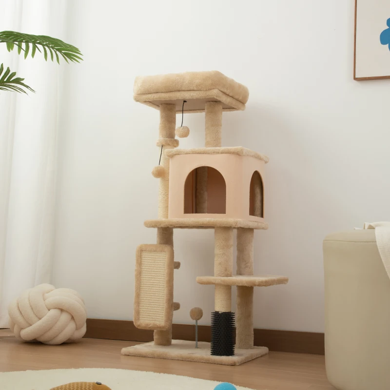 PawHut Albero per Gatti Multilivello Alto 104 cm con Casetta, Lettino, Pali Tiragraffi, Spazzola e Pallina, Beige