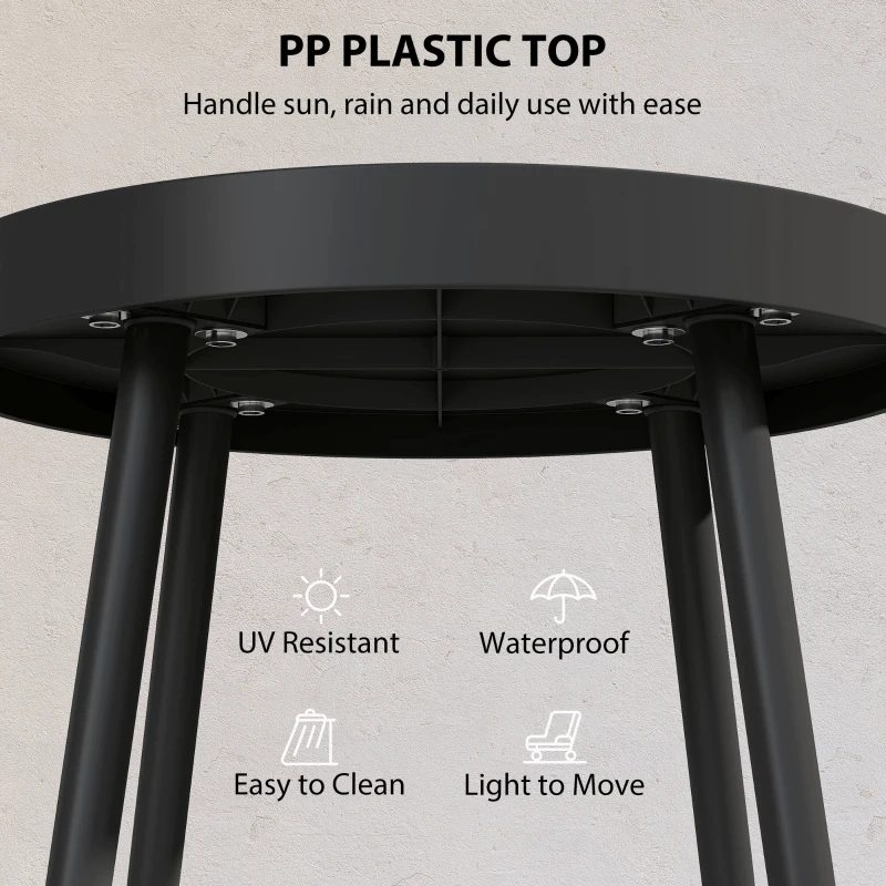 Outsunny 49.5 cm Round Garden Table, Small Outdoor Coffee Side Table with Plastic Tray-Style Top, Metal Legs, Black