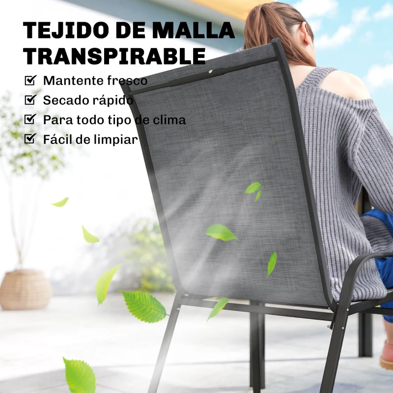 Outsunny Conjunto de Mesa y Sillas Jardín con Mesa Metálica con Agujero y 6 Sillas Apilables Transpirables para Terraza Gris