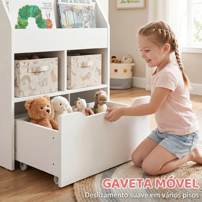 HOMCOM Estante de Madeira para Brinquedos com 3 Compartimentos 2 Cubos e Gaveta Móvel com 4 Rodas Estante para Livros Infantil para Dormitório Infantil Sala de Jogos 60x29,9x90cm Branco