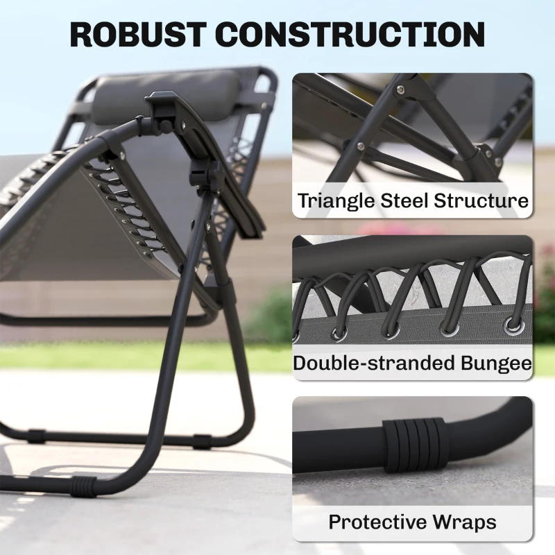 Outsunny 3pcs Folding Zero Gravity Chairs Sun Lounger Table Set w/ Cup Holders Reclining Garden Yard Pool, Dark Grey